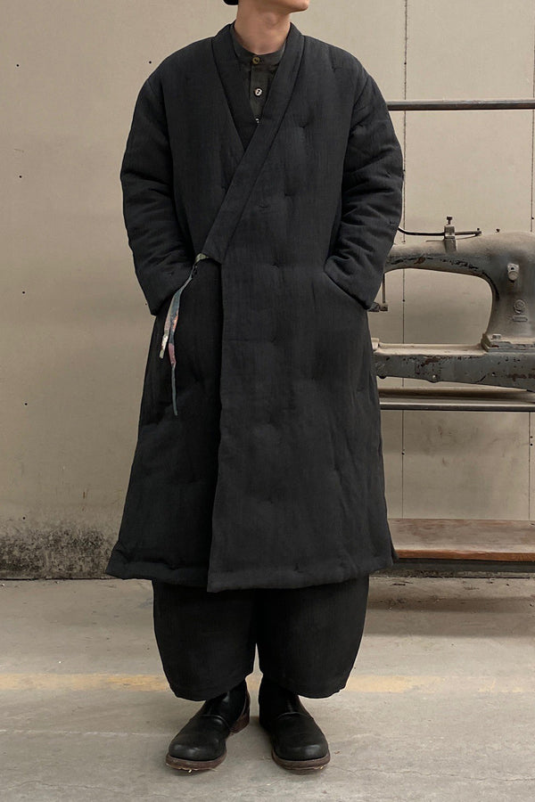 AVIVA JIFEI XUE Padded Long Kimono Jacket with Vintage Patch Lining FW22-PKJL-DGRY